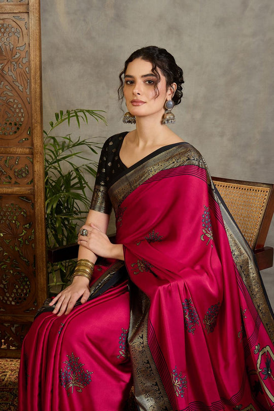 Sheila Red Soft Modal Floral Printed &amp; Zari Woven Ready to Wear One Minute Saree