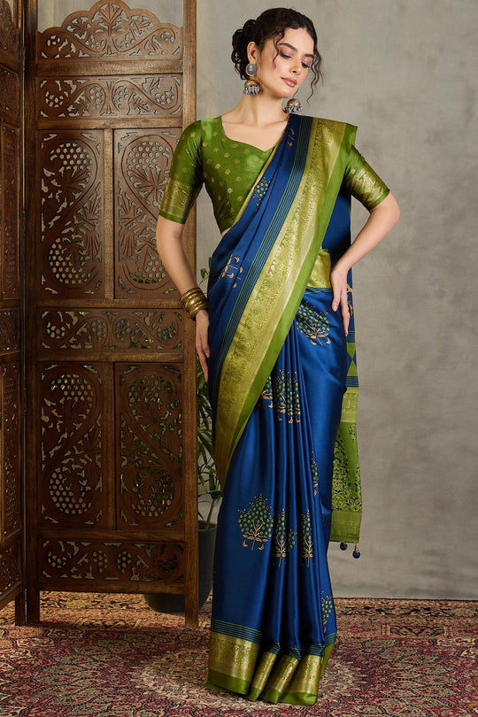 Sheila Blue Soft Modal Floral Printed &amp; Zari Woven Ready to Wear One Minute Saree