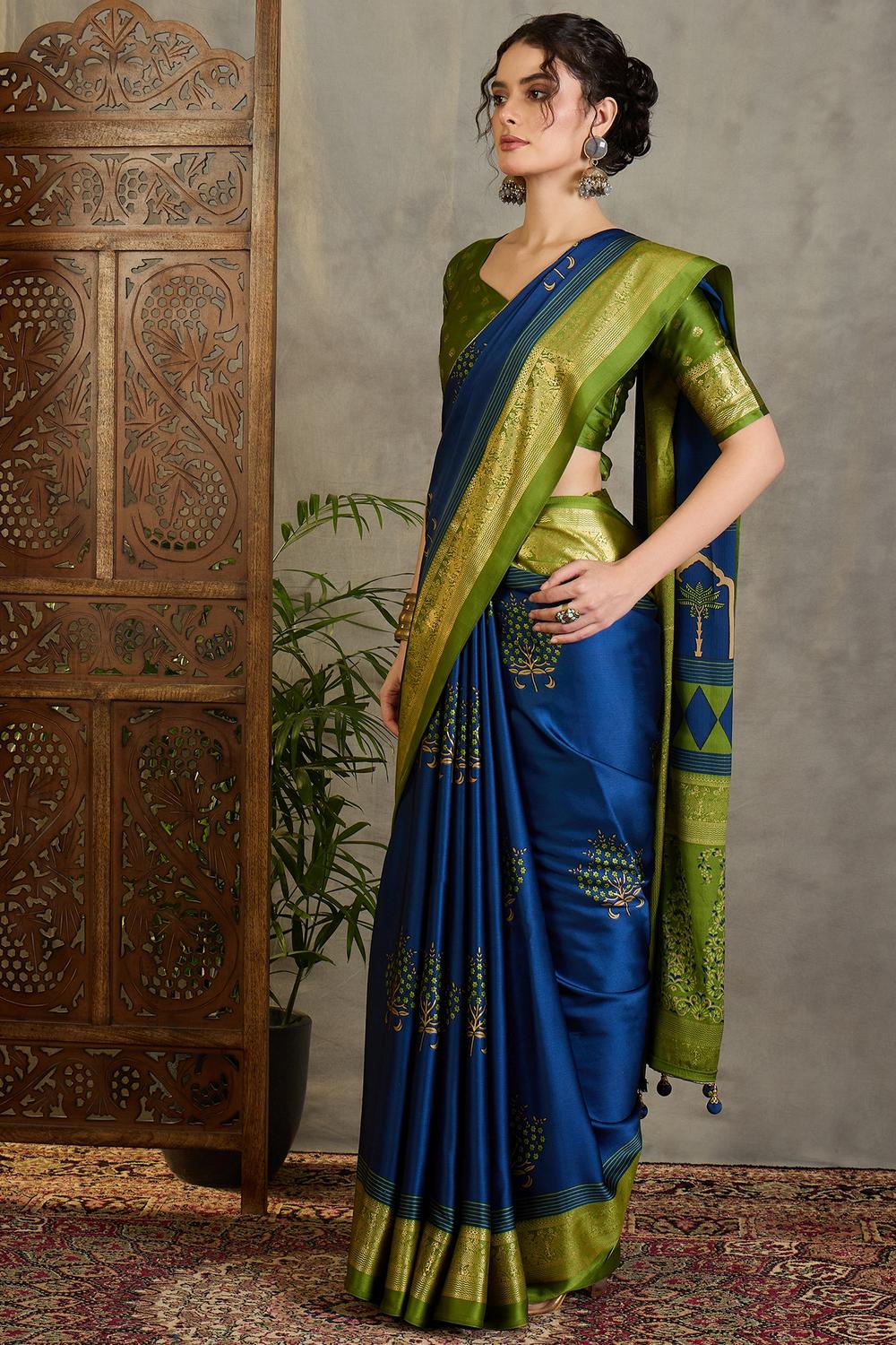 Sheila Blue Soft Modal Floral Printed & Zari Woven Ready to Wear One Minute Saree