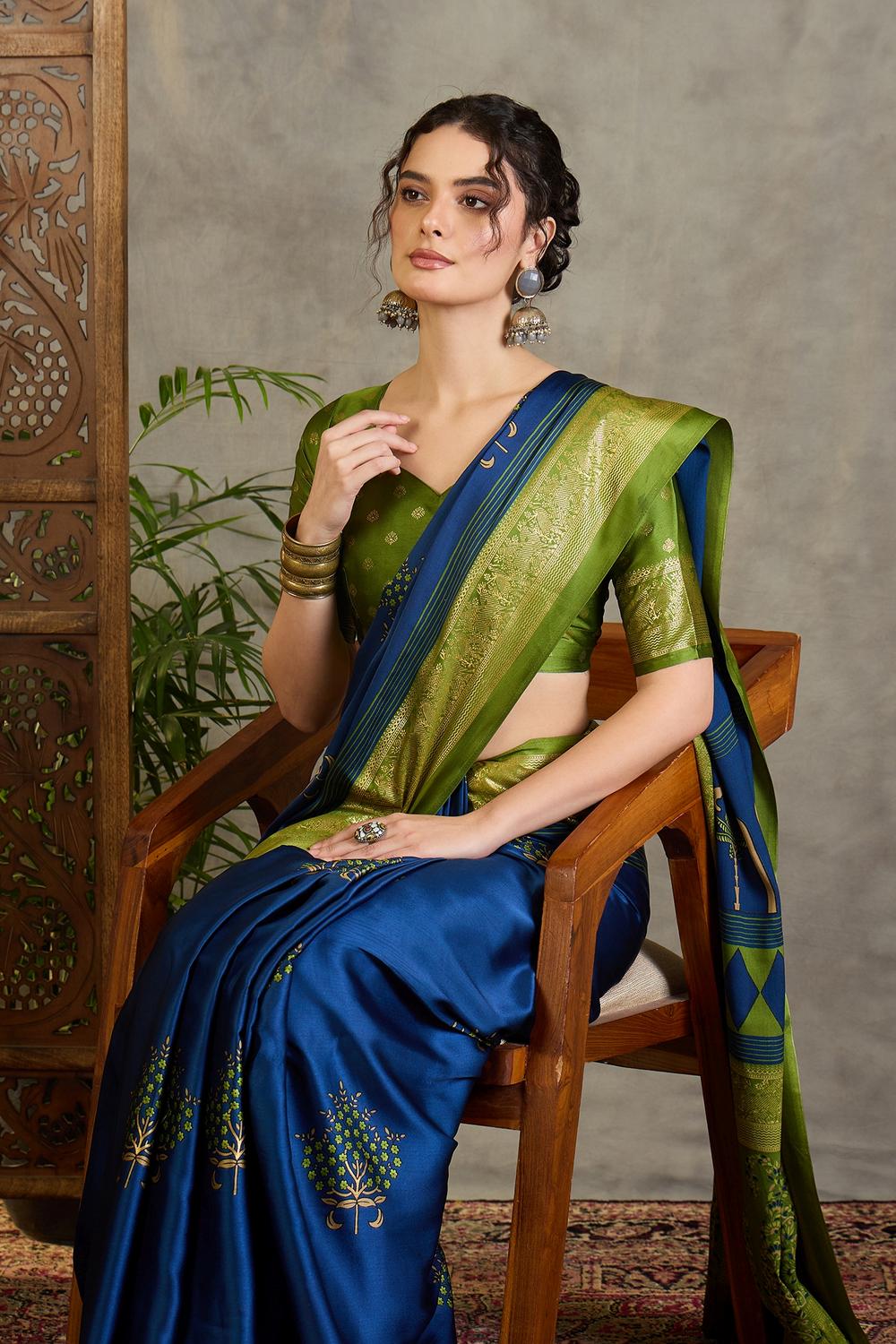 Sheila Blue Soft Modal Floral Printed &amp; Zari Woven Ready to Wear One Minute Saree