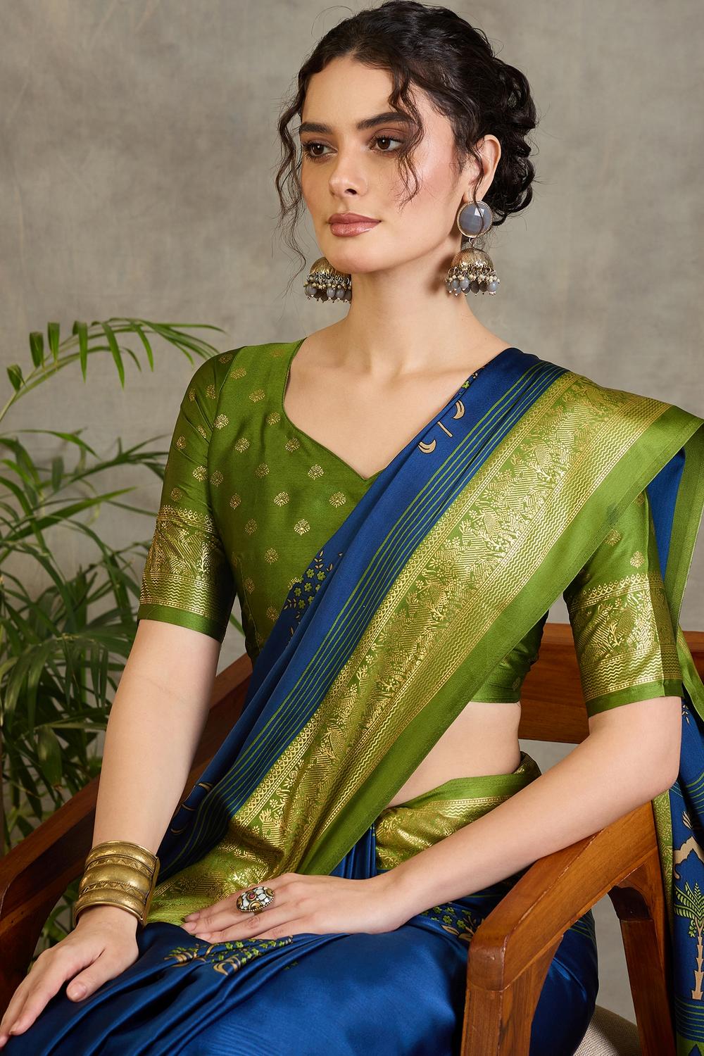 Sheila Blue Soft Modal Floral Printed &amp; Zari Woven Ready to Wear One Minute Saree