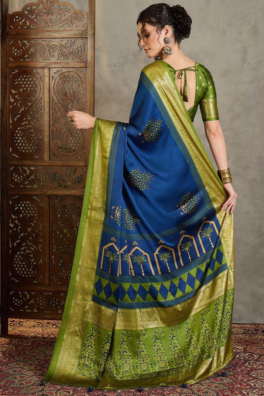 Sheila Blue Soft Modal Floral Printed &amp; Zari Woven Ready to Wear One Minute Saree