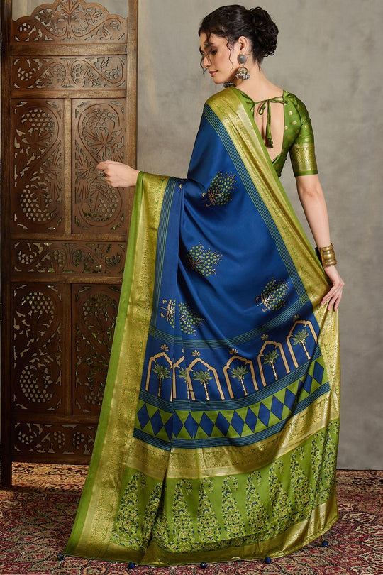 Sheila Blue Soft Modal Floral Printed &amp; Zari Woven Ready to Wear One Minute Saree