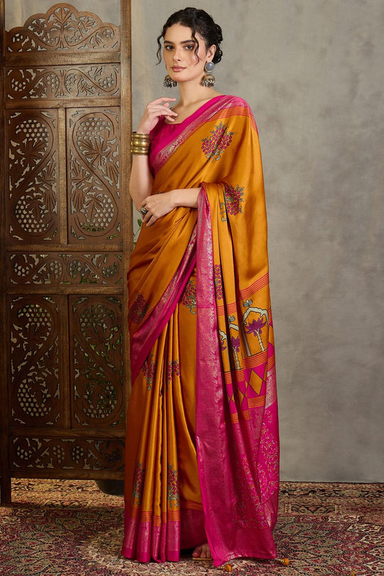 Sheila Yellow Soft Modal Floral Printed &amp; Zari Woven Ready to Wear One Minute Saree