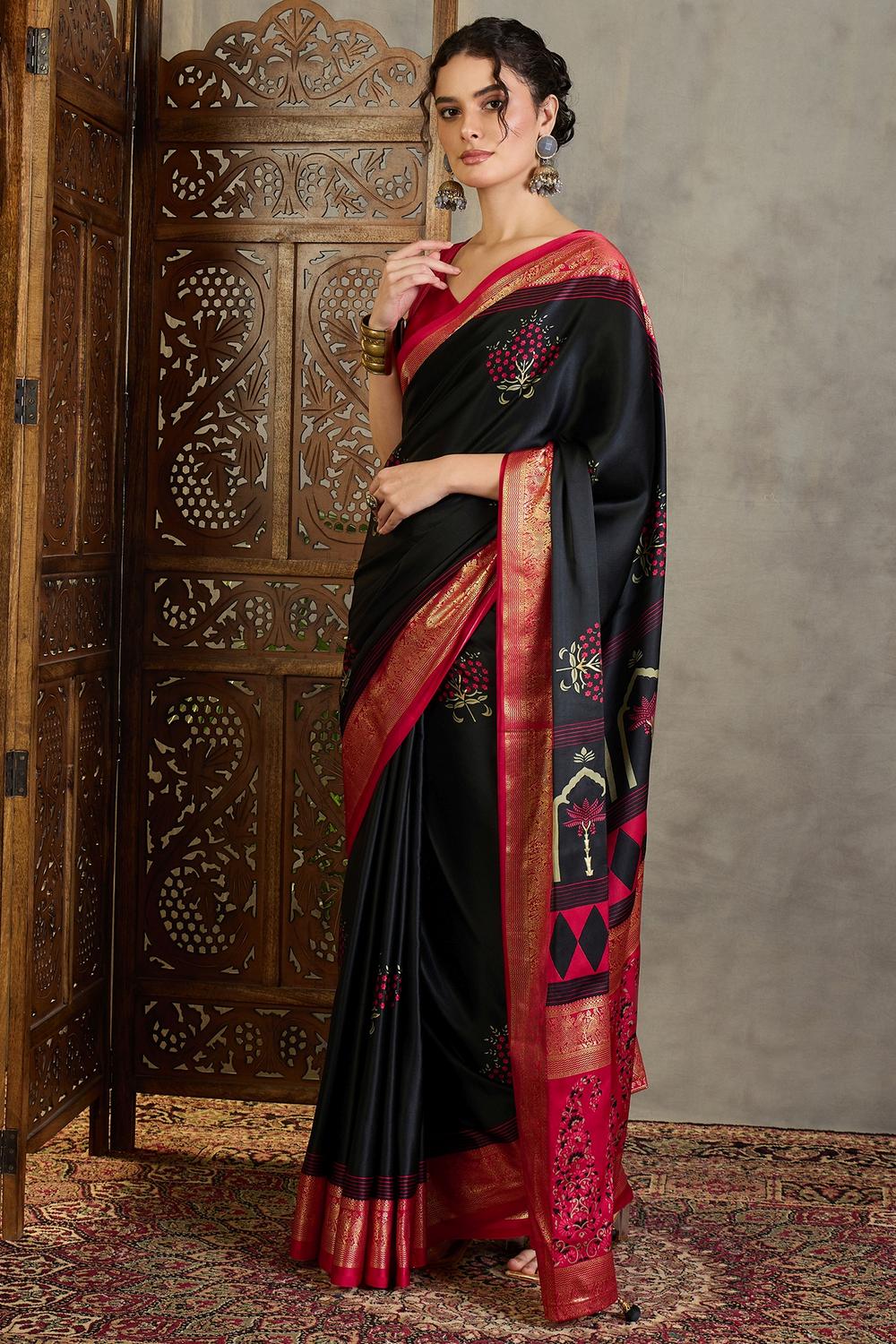 Sheila Black Soft Modal Floral Printed &amp; Zari Woven Ready to Wear One Minute Saree