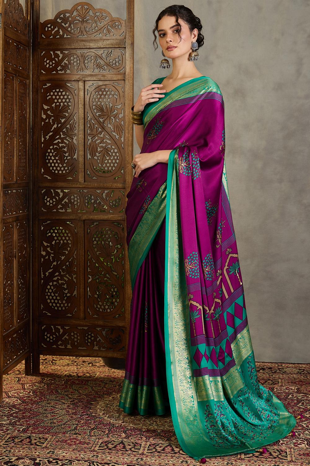 Sheila Wine Soft Modal Floral Printed & Zari Woven Ready to Wear One Minute Saree
