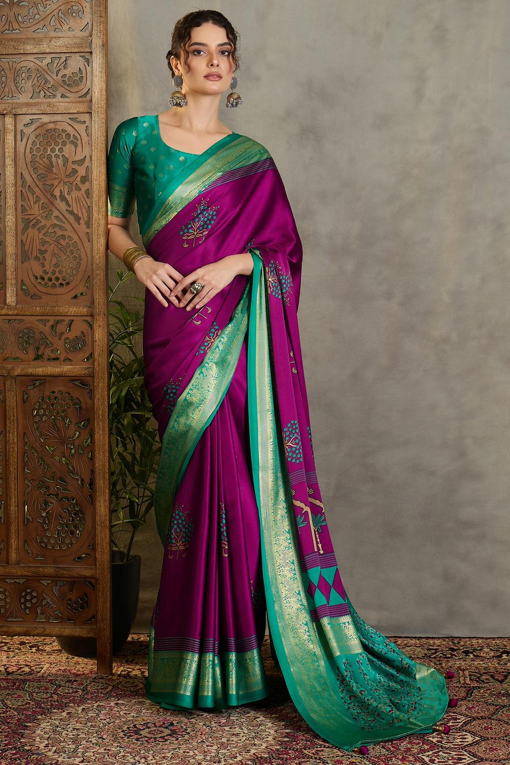 Sheila Wine Soft Modal Floral Printed &amp; Zari Woven Ready to Wear One Minute Saree
