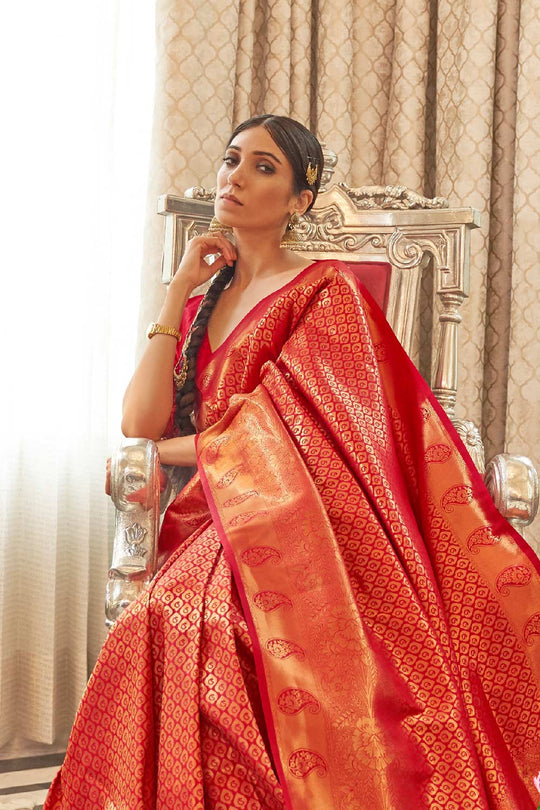 Abbey Red Silk Handloom Weaving One Minute Saree