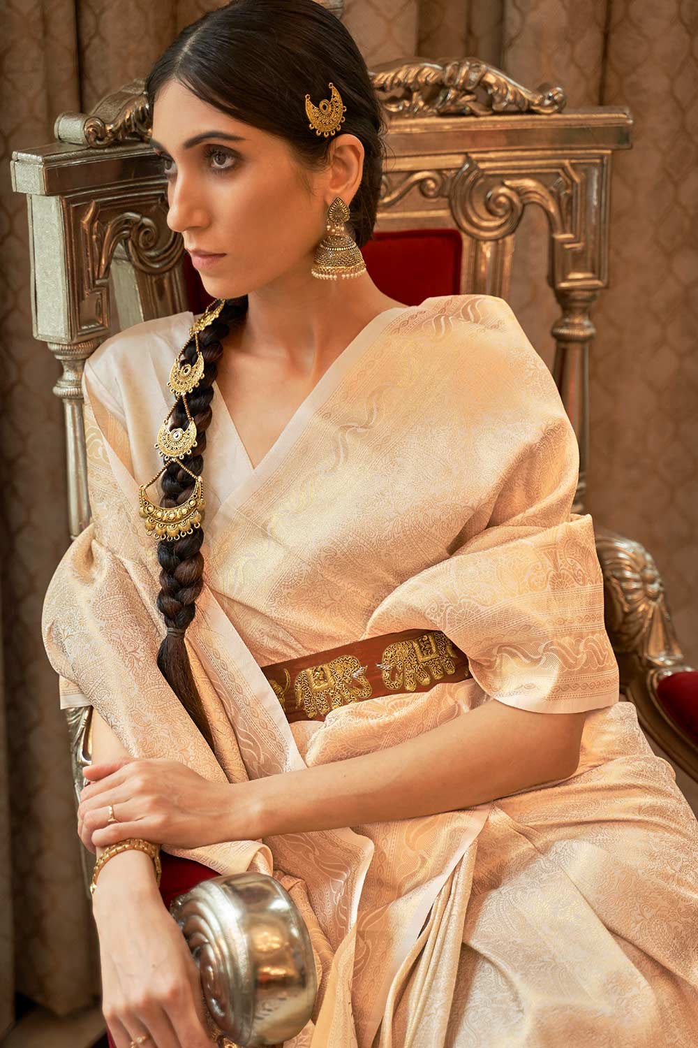 Abbey Beige Silk Handloom Weaving One Minute Saree