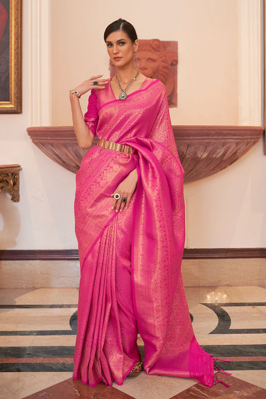 Abbey Bright Pink Silk Handloom Weaving One Minute Saree