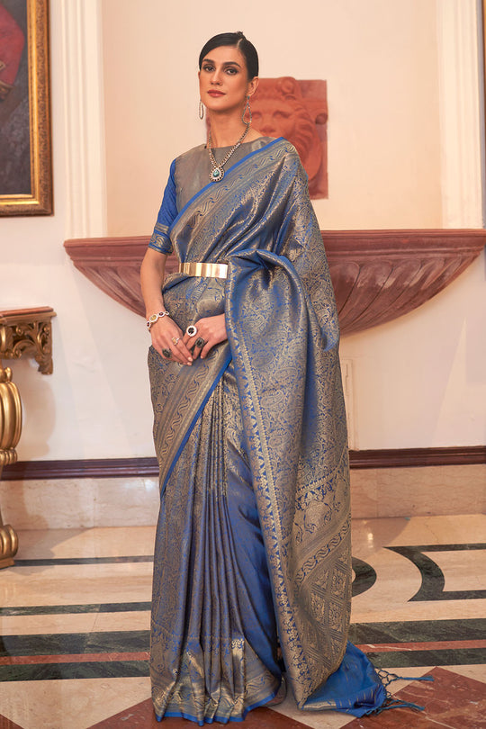 Abbey Blue Silk Handloom Weaving One Minute Saree