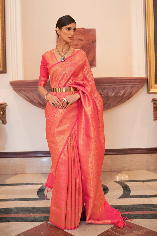 Abbey Peach Silk Handloom Weaving One Minute Saree