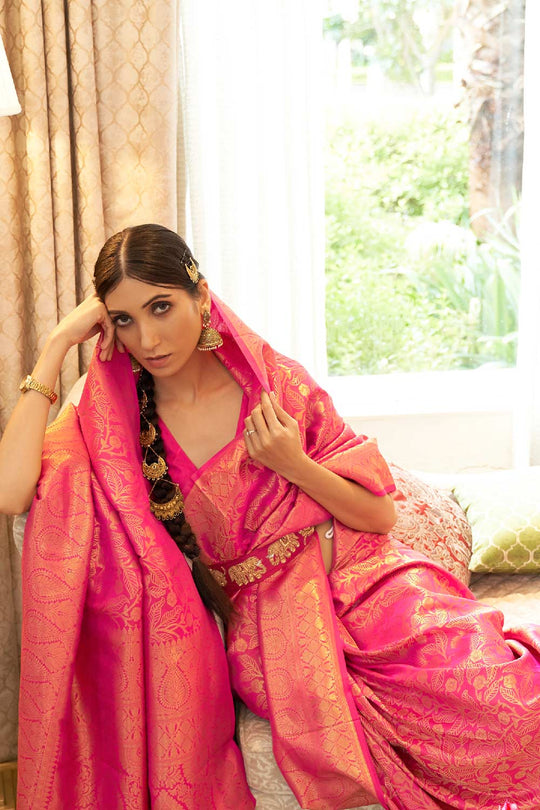 Abbey Pink Silk Handloom Weaving One Minute Saree