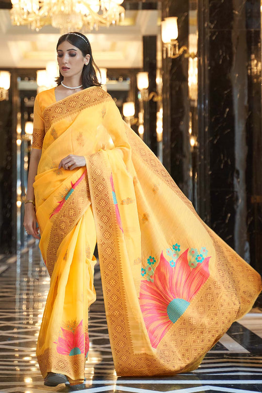 Nyssa Yellow Linen Handloom One Minute Saree