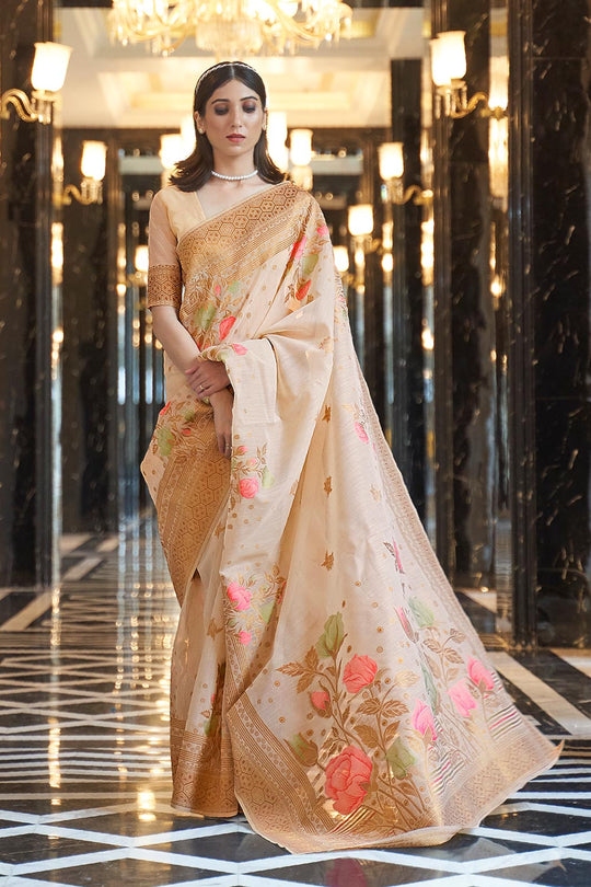 Nyssa Peach Linen Handloom Weaving One Minute Saree