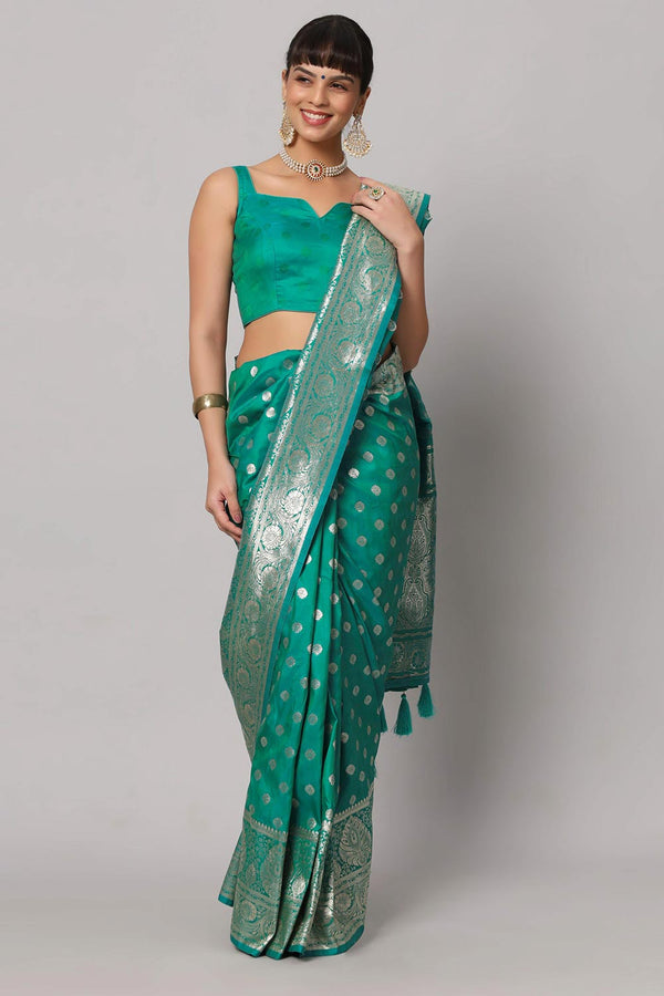 Riya Teal & Gold Full Embroidered Banarasi One Minute Saree