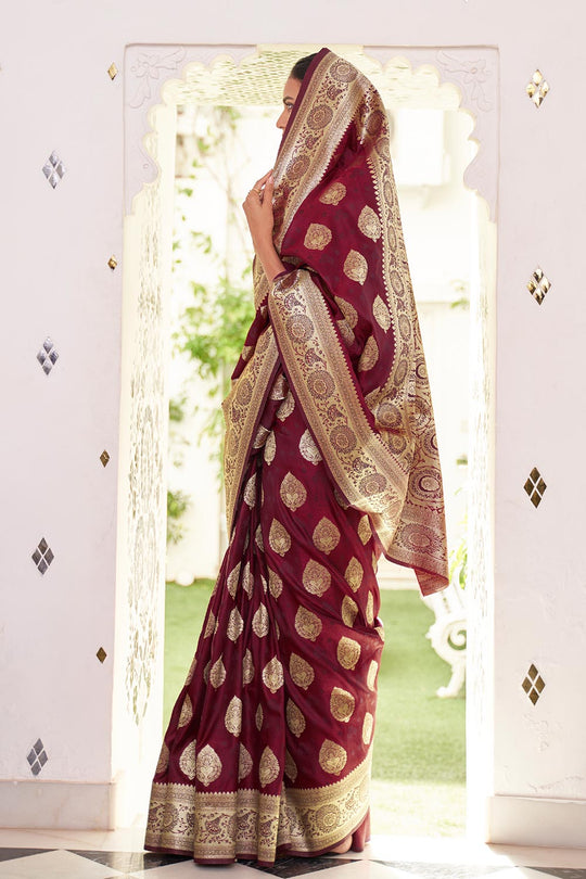 Anishka Maroon Satin Handloom Weaving One Minute Saree