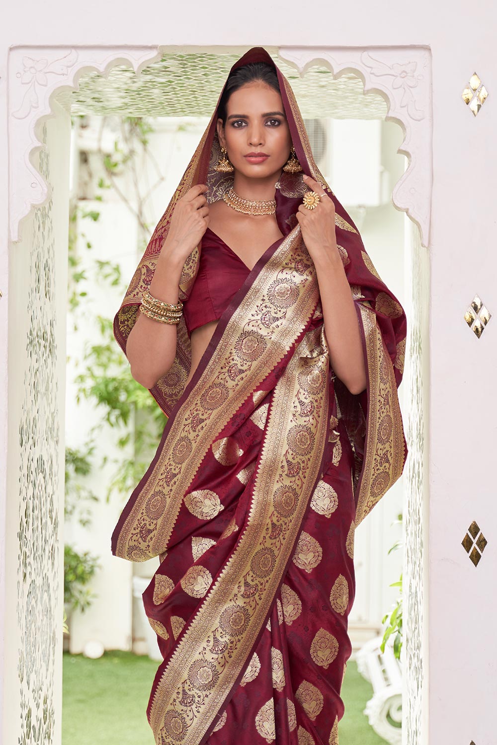 Anishka Maroon Satin Handloom Weaving One Minute Saree