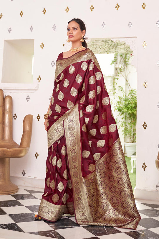 Anishka Maroon Satin Handloom Weaving One Minute Saree