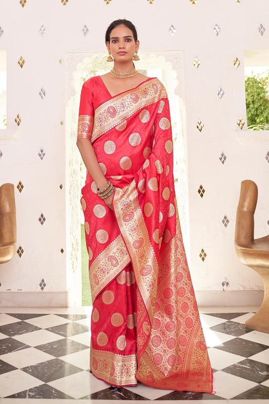 Anishka Red Satin Handloom Weaving One Minute Saree