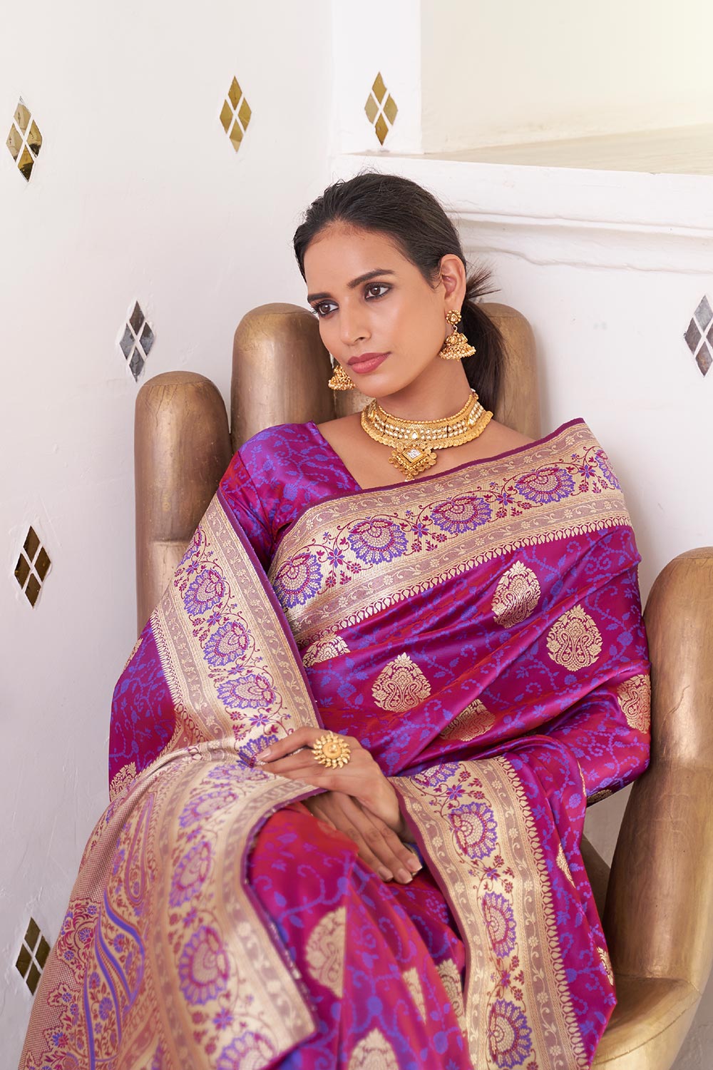 Anishka Purple Satin Handloom Weaving One Minute Saree