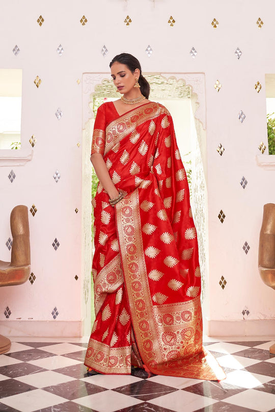 Anishka Red Satin Handloom Weaving One Minute Saree