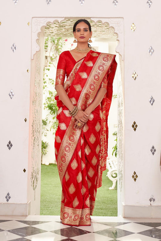 Anishka Red Satin Handloom Weaving One Minute Saree