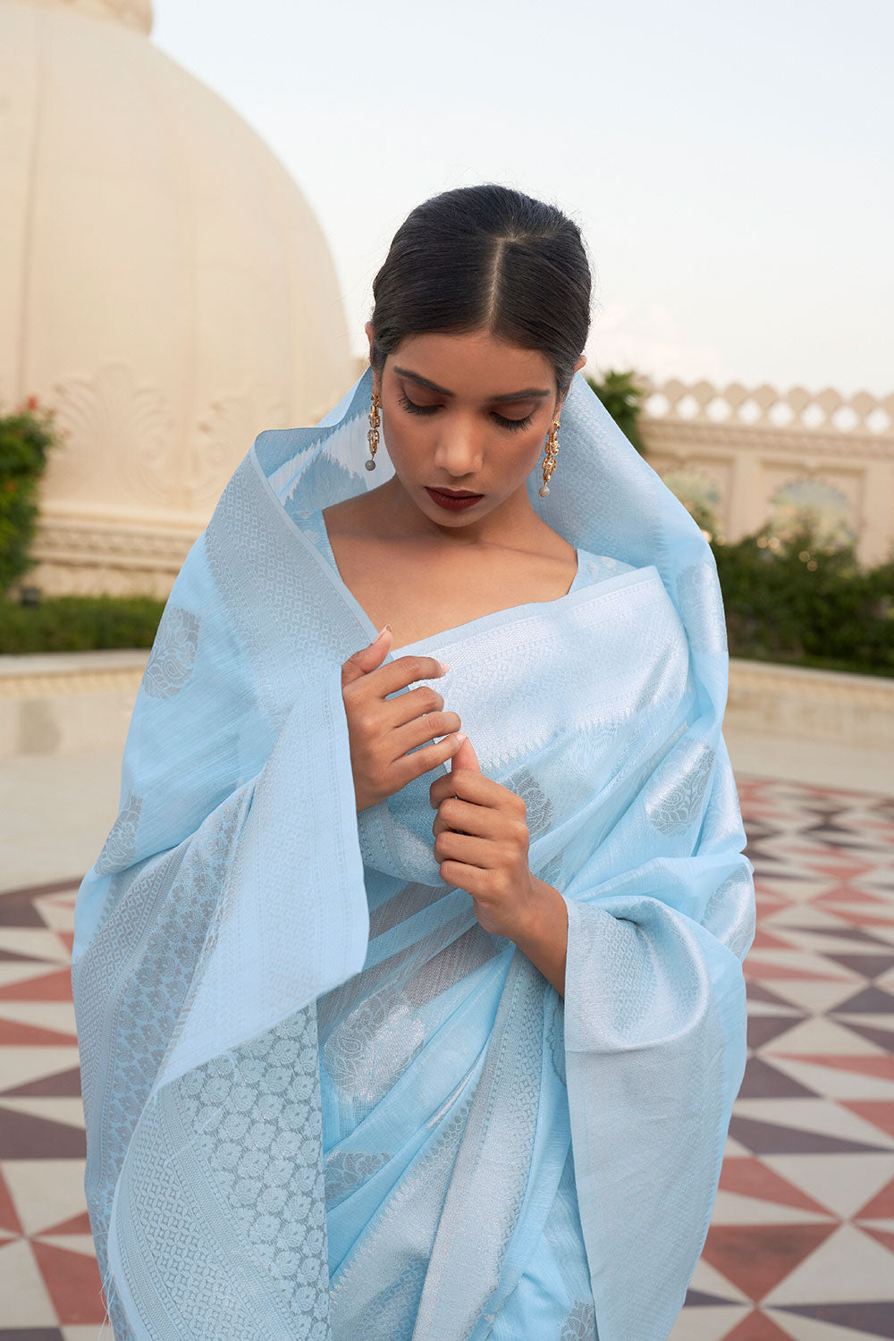 Aiya Blue Linen Handloom Weaving One Minute Saree