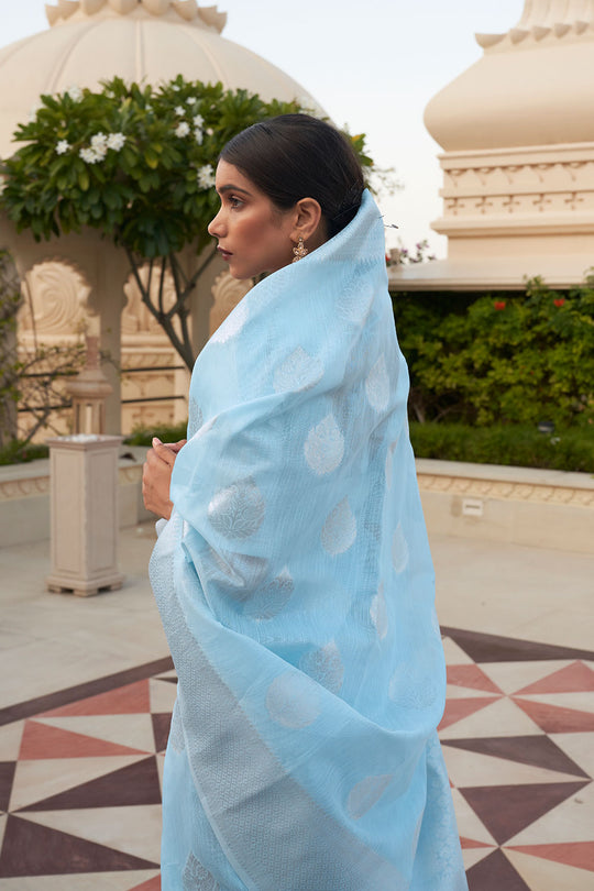 Aiya Blue Linen Handloom Weaving One Minute Saree