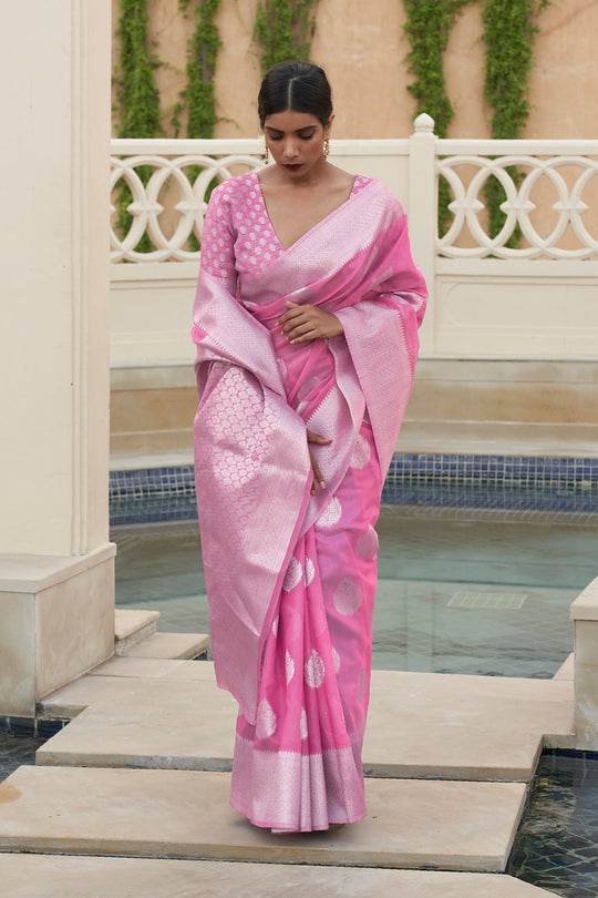 Aiya Pink Linen Handloom Weaving One Minute Saree