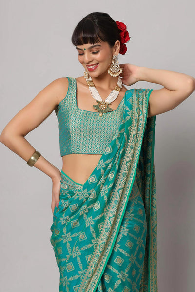 Sana Turquoise Gold Embroidered Georgette One Minute Saree