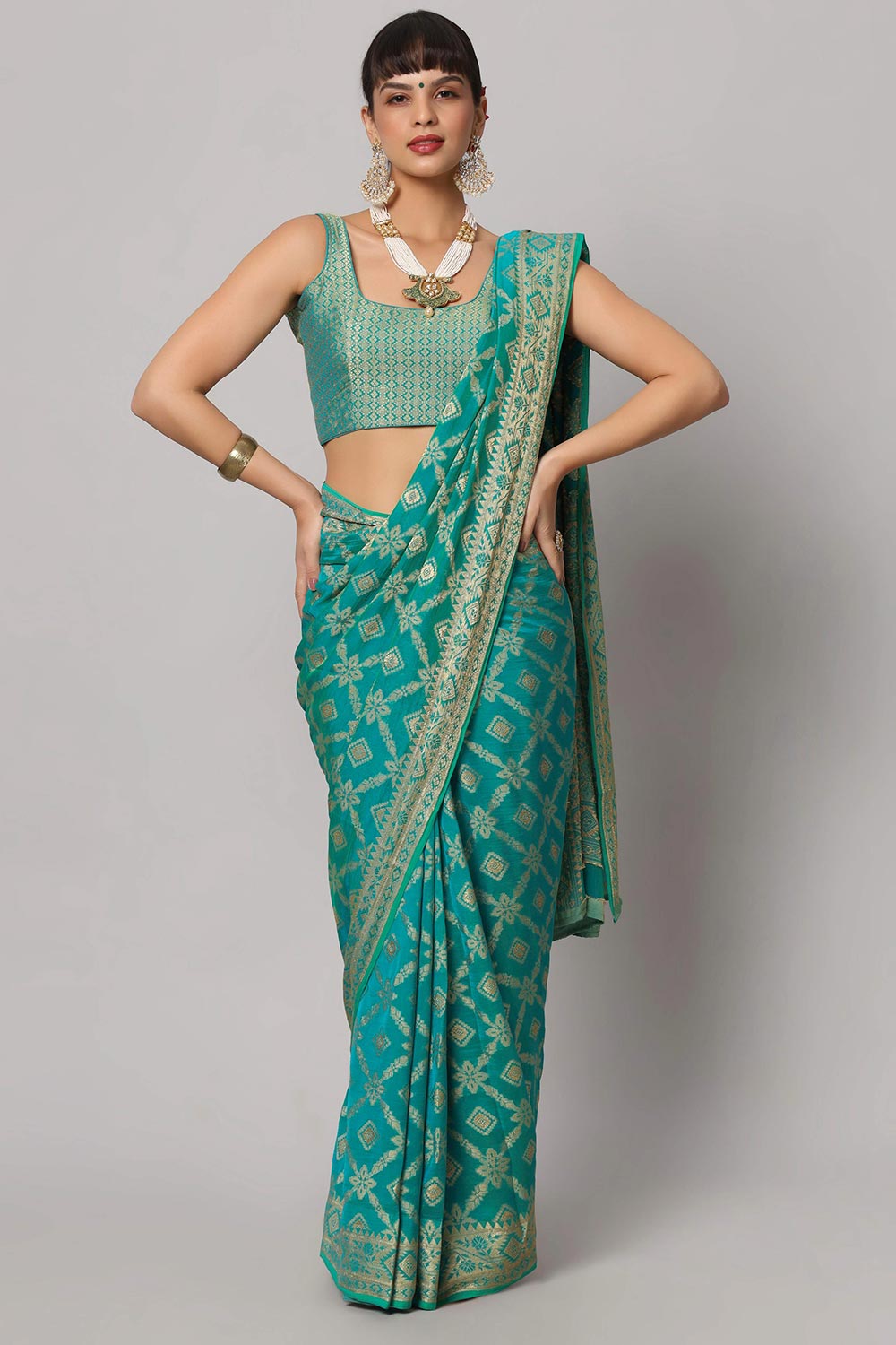 Sana Turquoise Gold Embroidered Georgette One Minute Saree