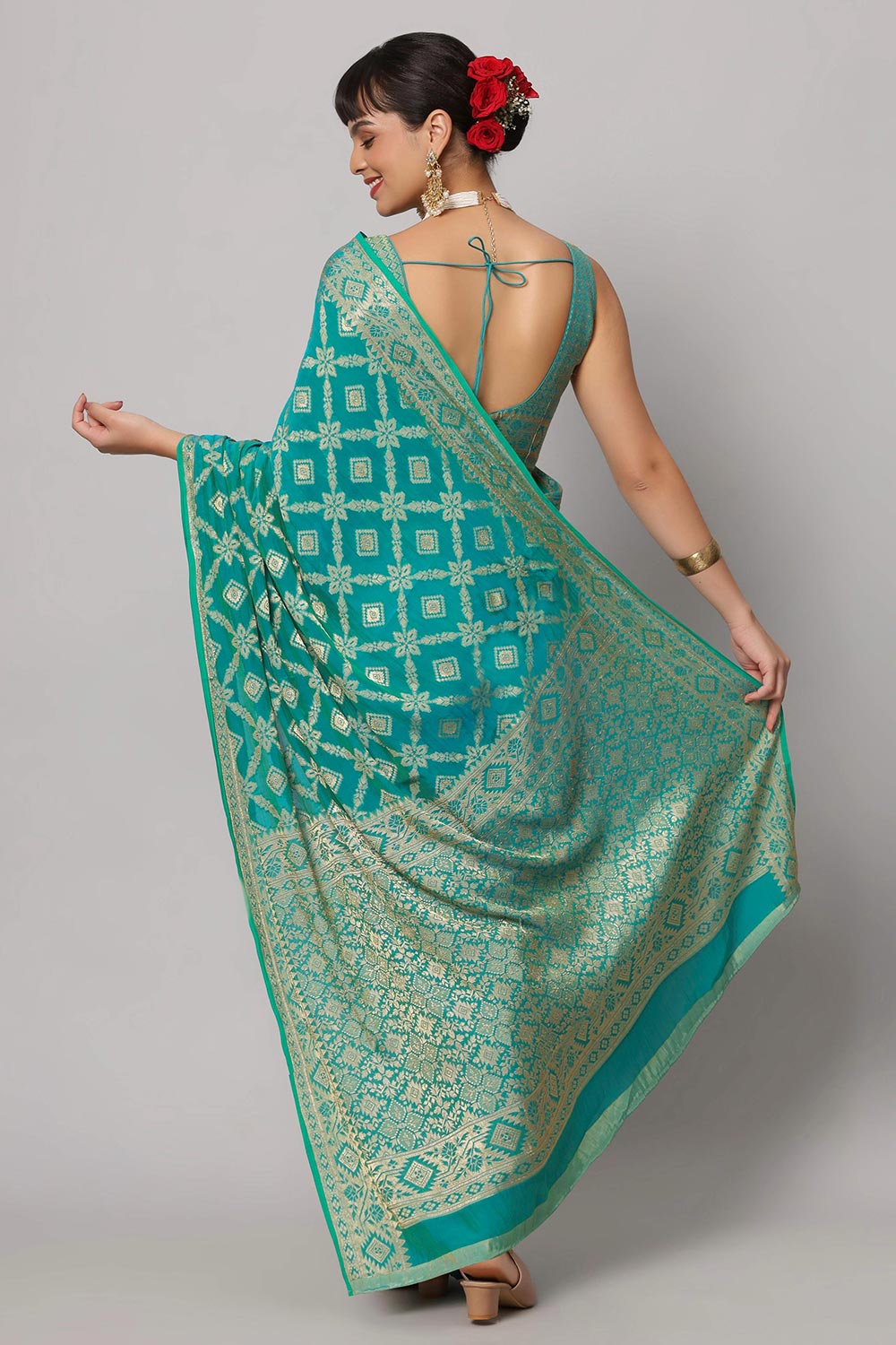 Sana Turquoise Georgette Embroidered Ready to Wear One Minute Saree
