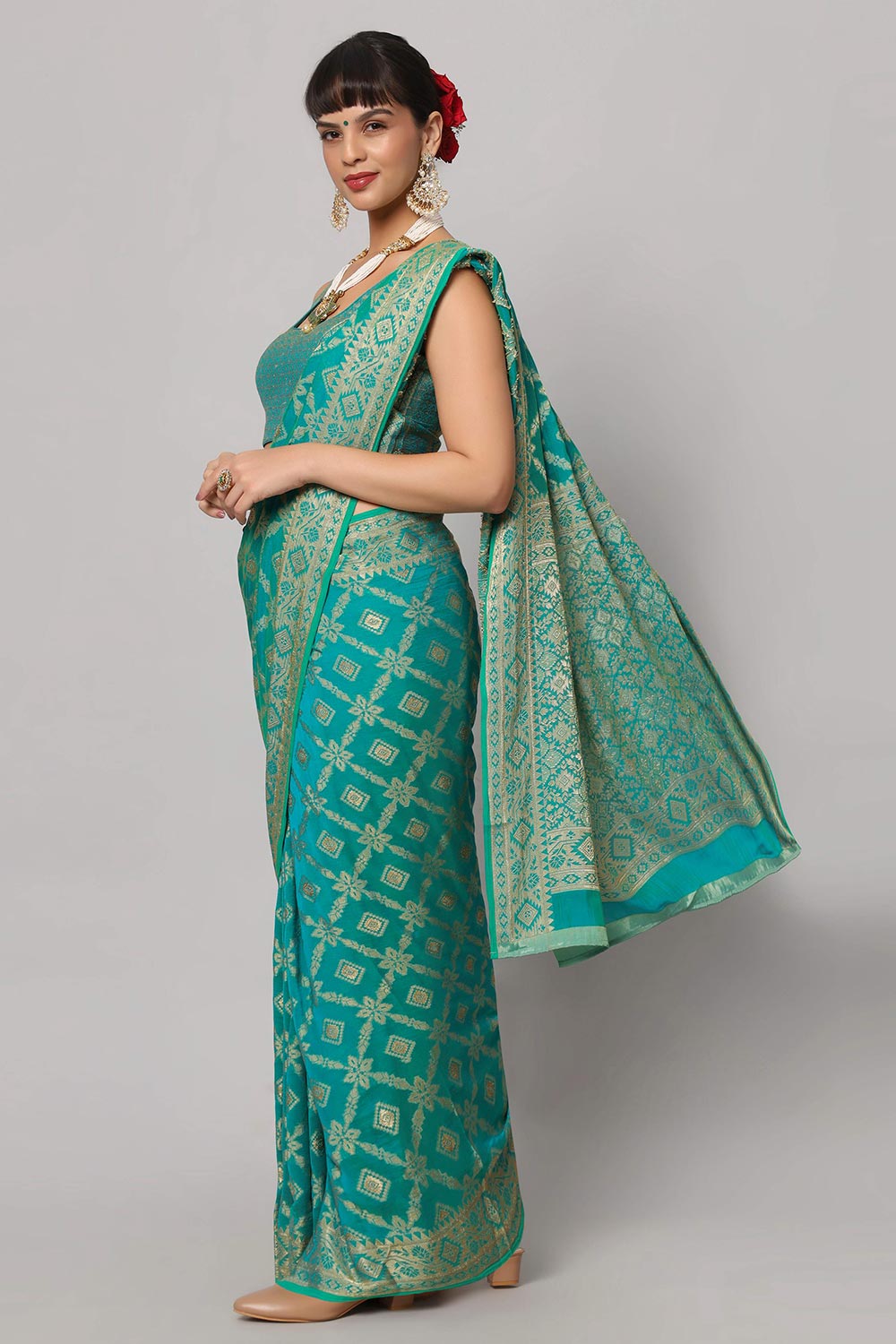 Sana Turquoise Georgette Embroidered Ready to Wear One Minute Saree
