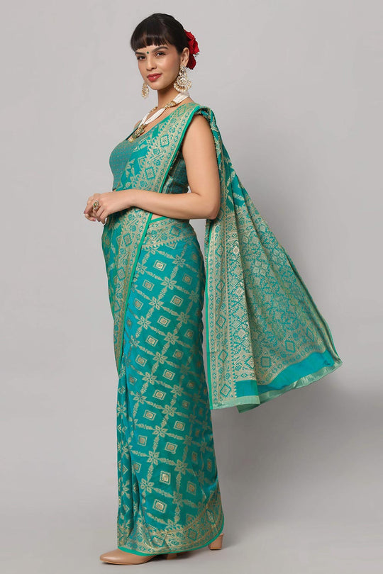 Sana Turquoise Georgette Embroidered Ready to Wear One Minute Saree