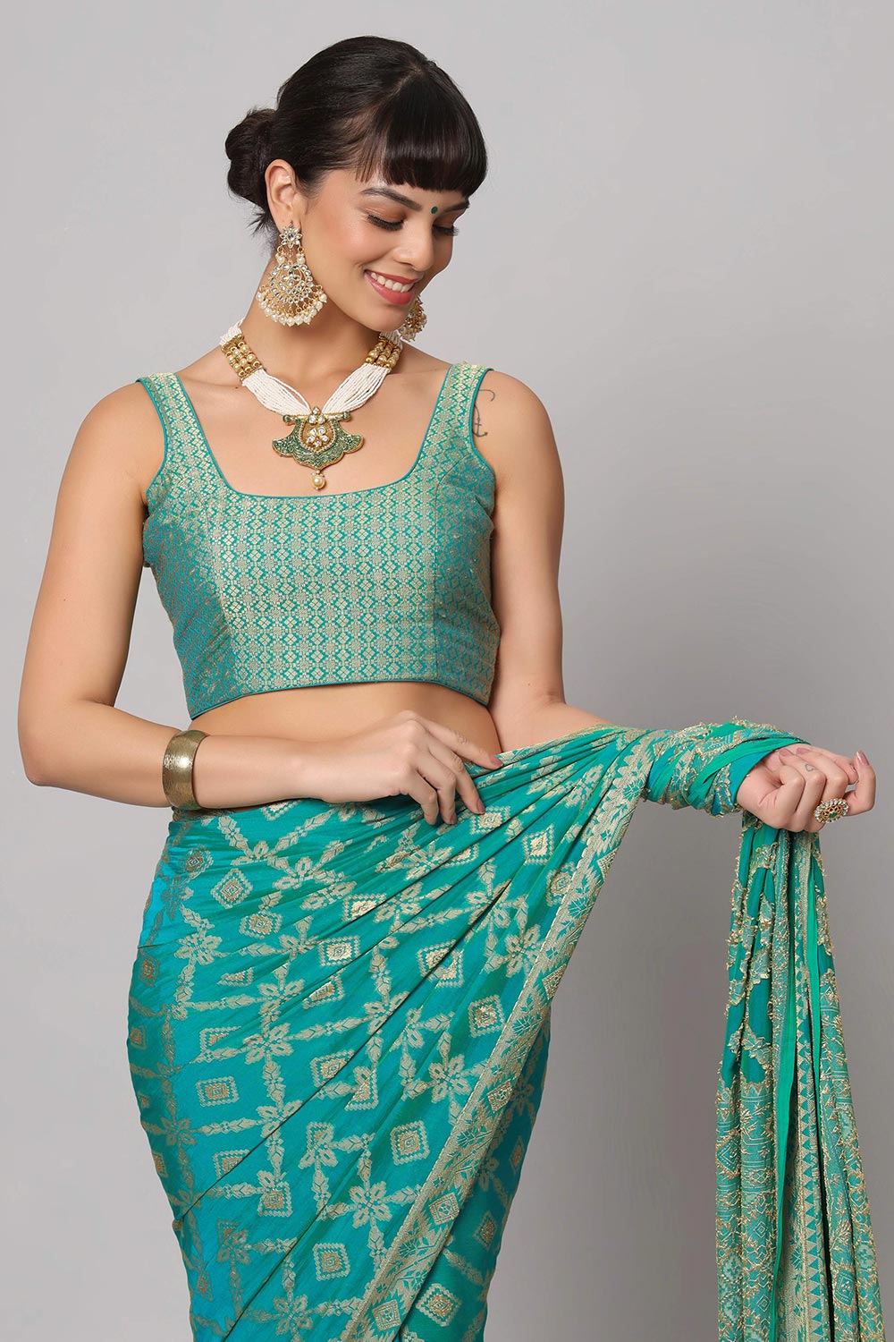 Sana Turquoise Georgette Embroidered Ready to Wear One Minute Saree