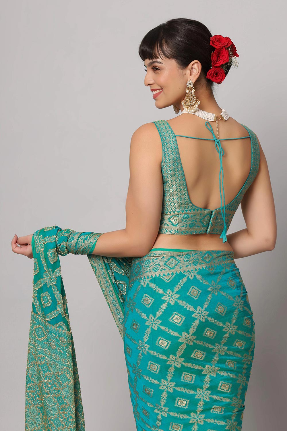 Sana Turquoise Georgette Embroidered Ready to Wear One Minute Saree