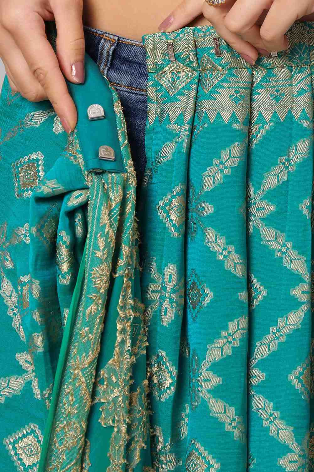 Sana Turquoise Georgette Embroidered Ready to Wear One Minute Saree