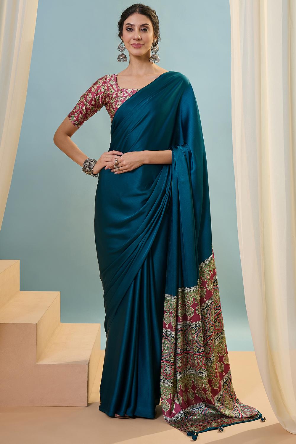 Aqila Blue Modal Ajrakh Printed Ready to Wear One Minute Saree