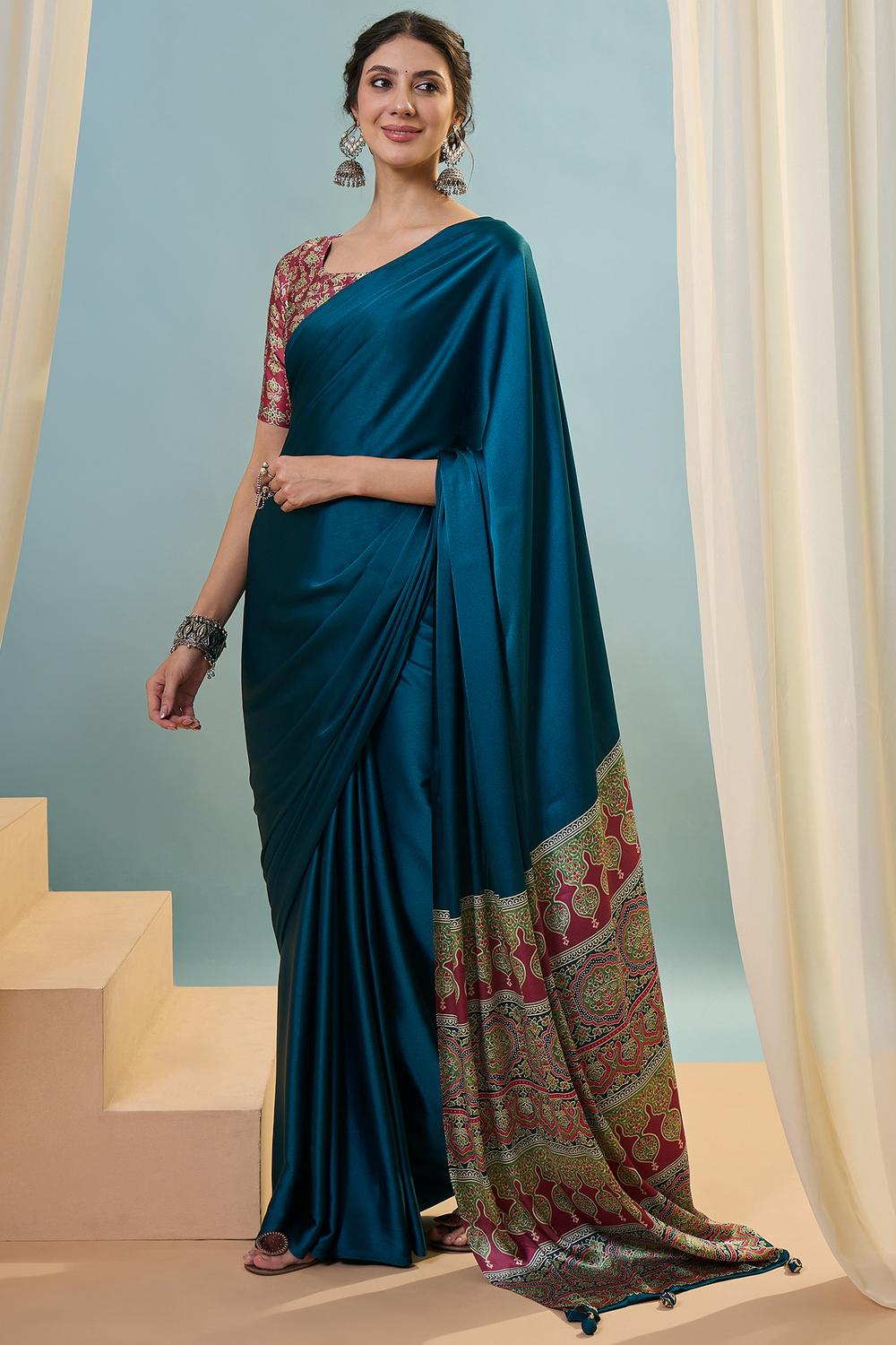 Aqila Blue Modal Ajrakh Printed Ready to Wear One Minute Saree