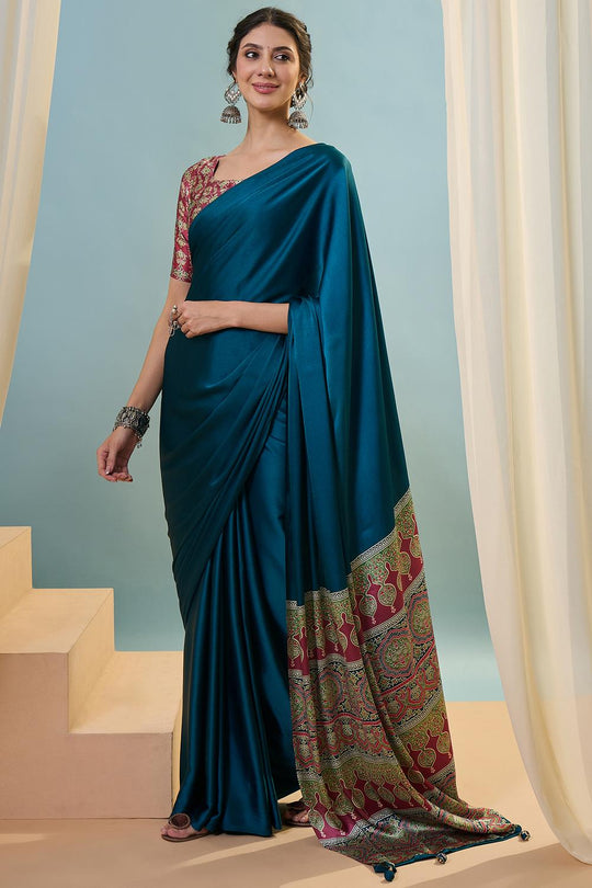 Aqila Blue Modal Ajrakh Printed Ready to Wear One Minute Saree