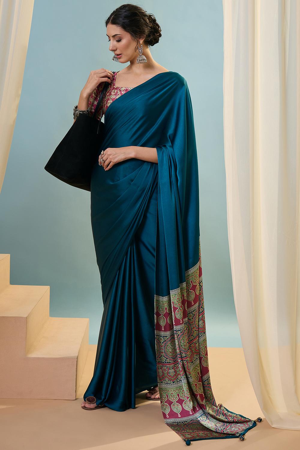 Aqila Blue Modal Ajrakh Printed Ready to Wear One Minute Saree
