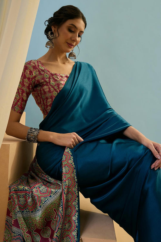 Aqila Blue Modal Ajrakh Printed Ready to Wear One Minute Saree