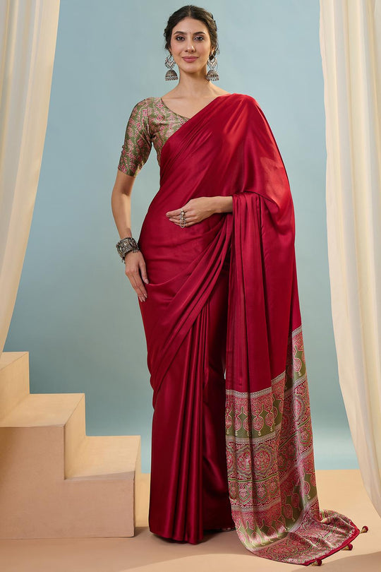 Aqila Red Modal Ajrakh Printed Ready to Wear One Minute Saree