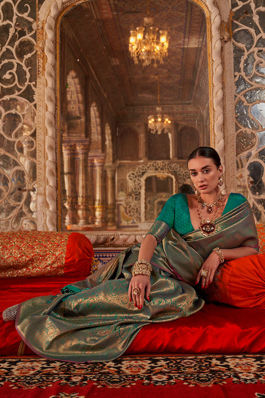 Shana Emerald Silk Woven Ready to Wear One Minute Saree