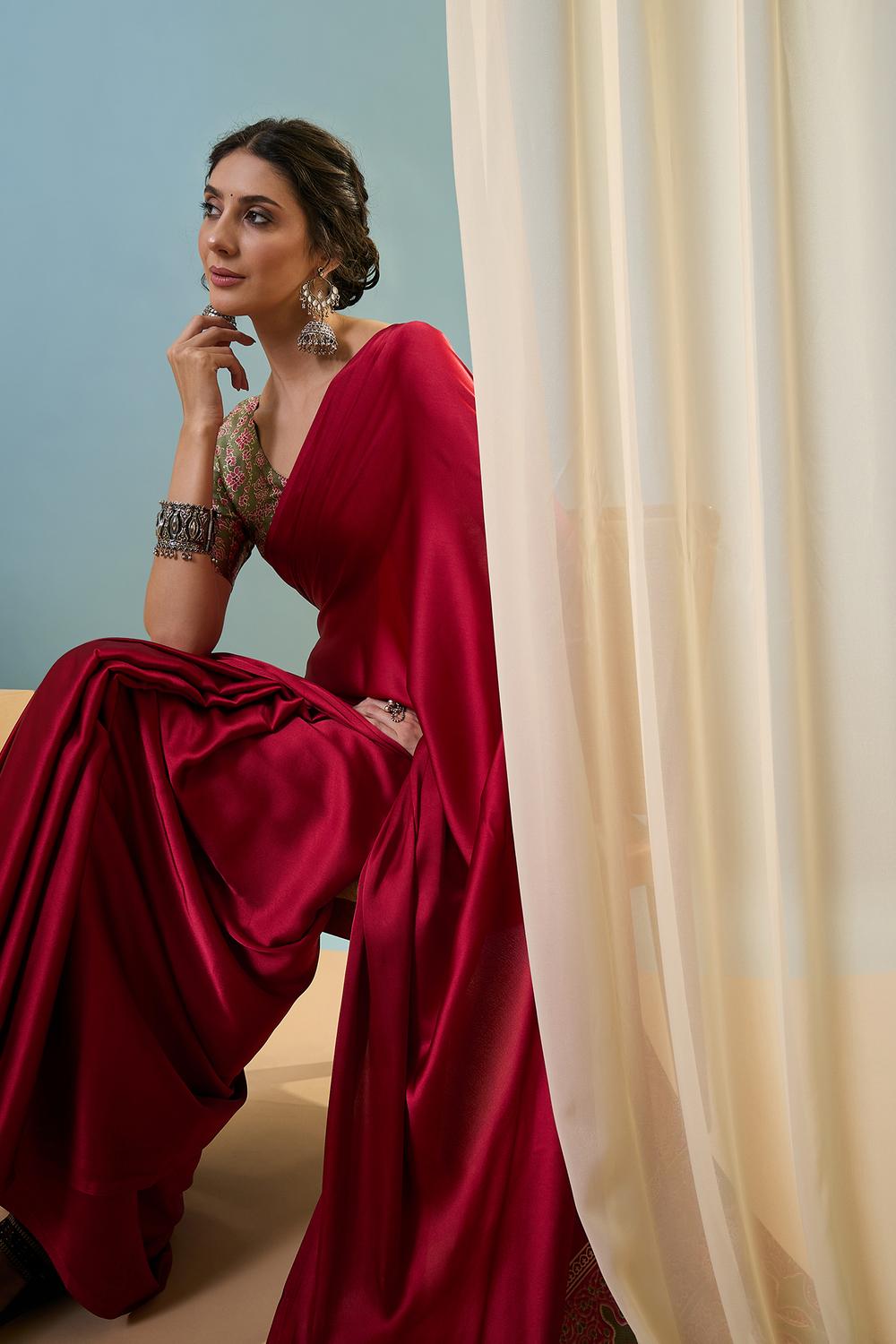Aqila Red Modal Ajrakh Printed Ready to Wear One Minute Saree