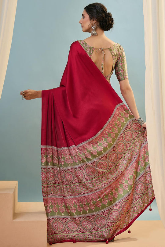 Aqila Red Modal Ajrakh Printed Ready to Wear One Minute Saree