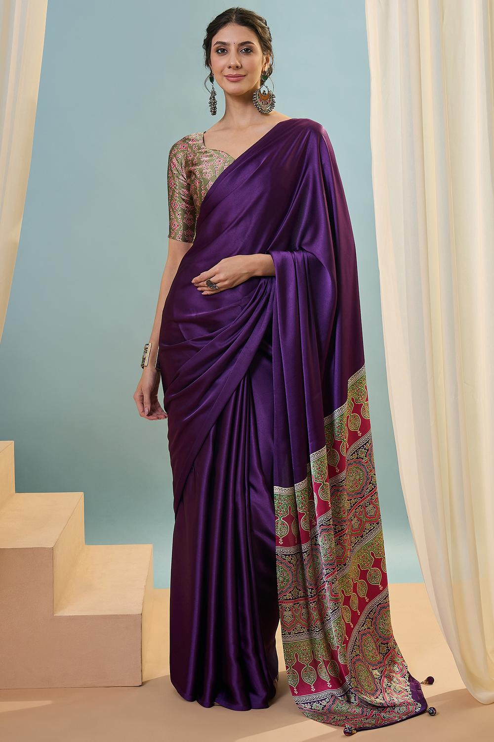 Aqila Purple Modal Ajrakh Printed Ready to Wear One Minute Saree
