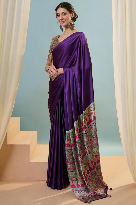 Aqila Purple Modal Ajrakh Printed Ready to Wear One Minute Saree