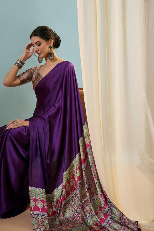 Aqila Purple Modal Ajrakh Printed Ready to Wear One Minute Saree